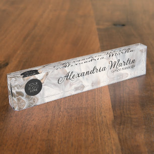 Modern Logo Name Title Script White Brown Marble Desk Name Plate