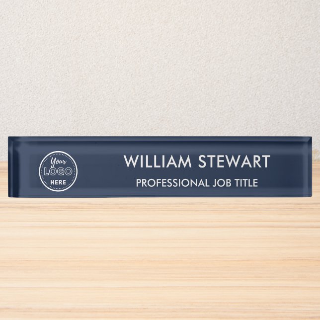 Modern Logo Navy Blue Employee Staff Minimalist Desk Name Plate (Creator Uploaded)