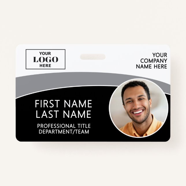 Modern Logo Photo ID Barcode Employee Name Badge (Front)