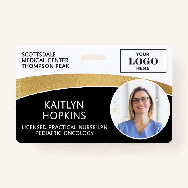 Modern Logo Photo ID Barcode Employee Name Badge (Front)