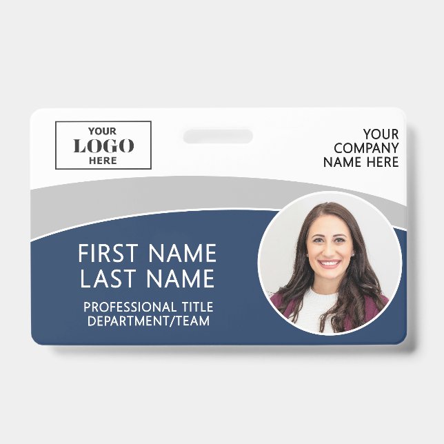 Modern Logo Photo ID Barcode Employee Name Badge (Front)