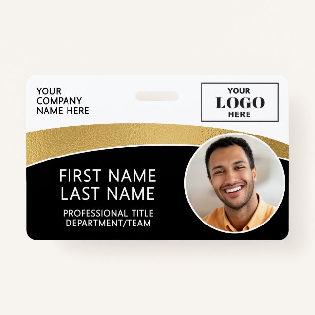 Modern Logo Photo ID Barcode Employee Name Badge (Front)