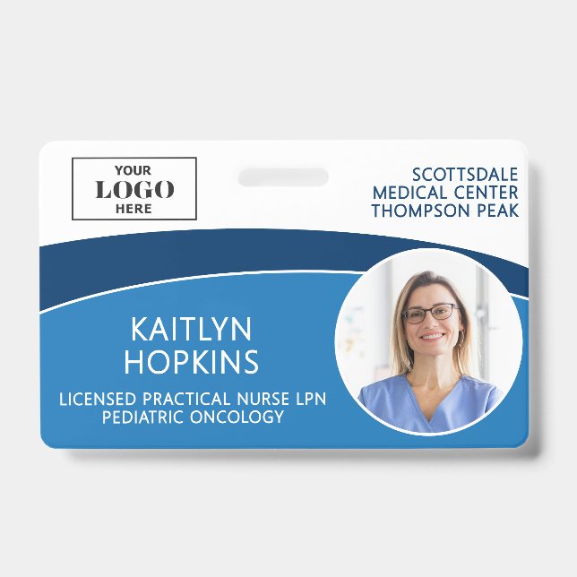Modern Logo Photo ID Barcode Nurse Name Badge (Front)