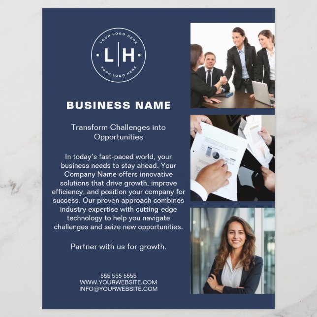 Modern Logo Photo Navy Blue Corporate Business Flyer (Front)