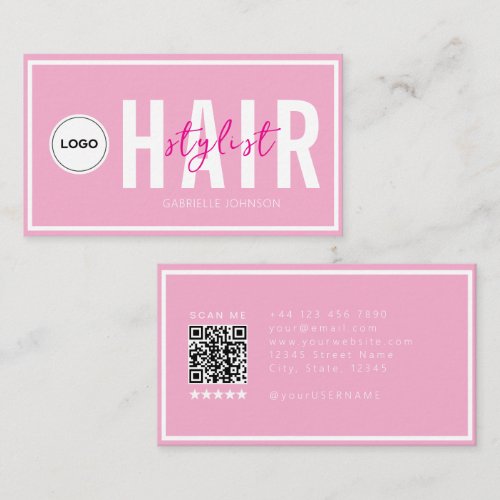 Modern Logo QR Blush Pink White Hair Stylist Business Card