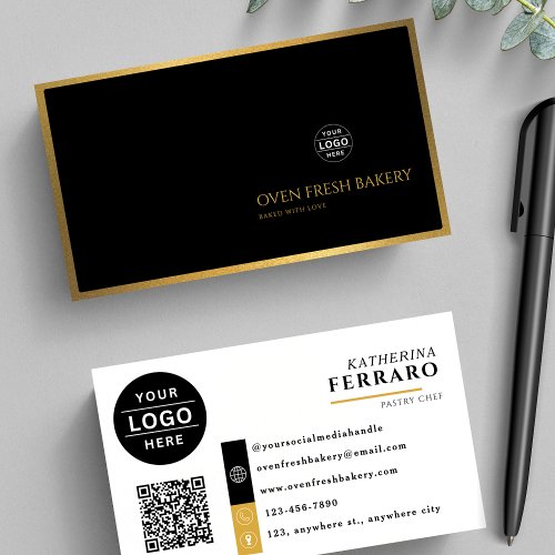 Modern Logo QR Code Black Gold Bakery Business Card