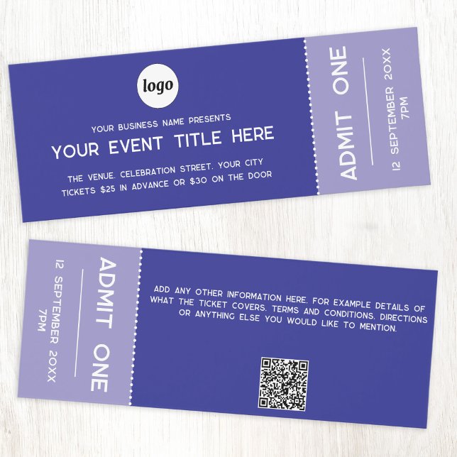 Modern Logo QR Code Blue Event Admission Ticket (Simple logo with custom text QR code two tone blue lilac event ticket)