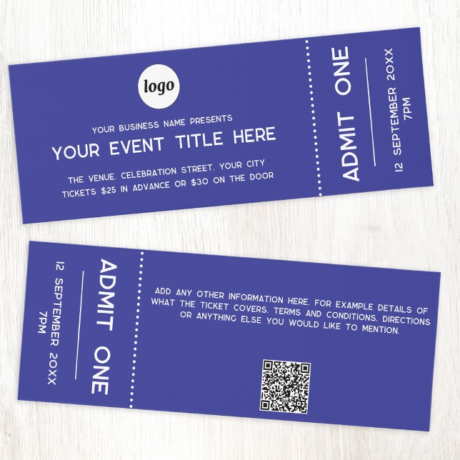 Modern Logo QR Code Blue Event Admission Ticket (Simple logo with custom text and QR code event ticket)