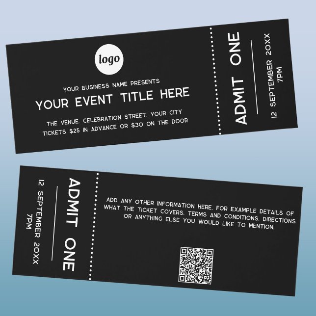 Modern Logo QR Code Event Admission Ticket (Simple logo with custom text and QR code event ticket)