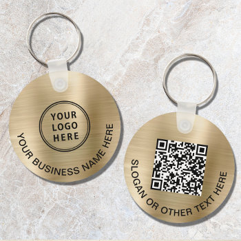 Modern Logo Qr Code Promotional Gold Keychain by JulieHortonDesigns at Zazzle