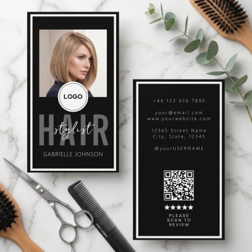 Modern Logo QR Review Black White Hair Stylist  Business Card