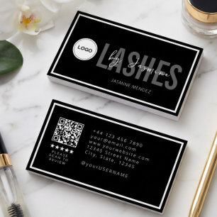 Modern Logo QR Review Black White Lash Artist Business Card