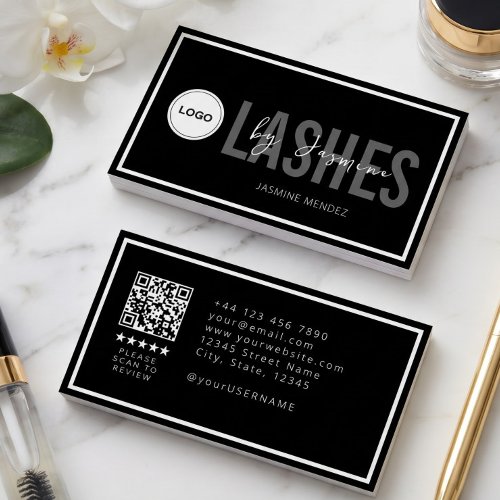Modern Logo QR Review Black White Lash Artist  Business Card