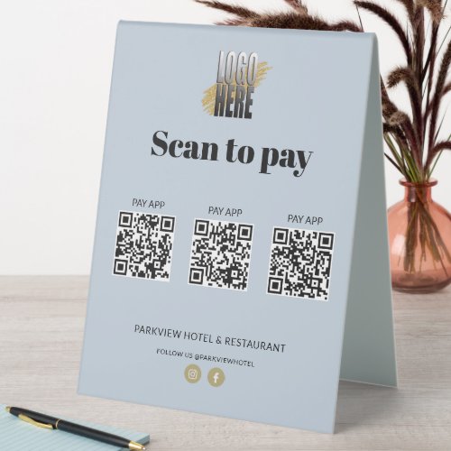 Modern Logo Scan to Pay Apps 3 QR Codes Dusty Blue Table Tent Sign