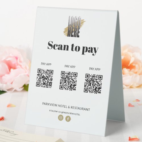 Modern Logo Scan to Pay Apps 3 QR Codes Simple  Table Tent Sign