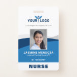 Modern Logo Template Employee Photo Name Nurse ID Badge<br><div class="desc">Create your own personalized employee name tags and badges using a vertical modern template that is easy to add your own photo, company logo and other important information to. The sleek design on these professional name badges is geared towards nurses, doctors and other medical staff, but the information and colors...</div>