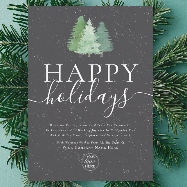 Modern Logo Watercolor Xmas Pine Trees Business Holiday Card (Modern logo festive trees happy holiday business charcoal gray & white greeting card elegant script)