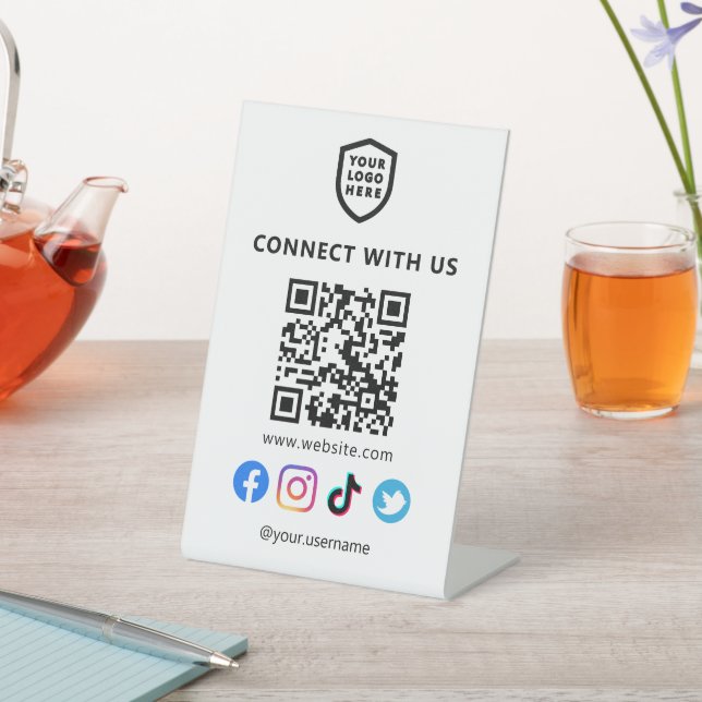Modern Logo | White Social Media QR code Pedestal Sign (In SItu)