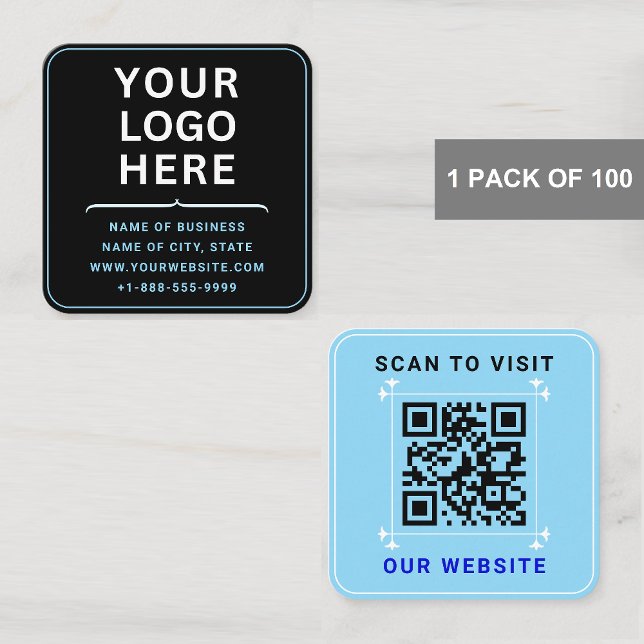 Modern Logo with QR Code | Custom Blue Black  Square Business Card (Rounded Corner Business Cards)