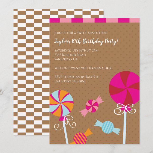 Modern Lollipop : Pink Brown Candy Birthday Party Invitation (Front/Back)