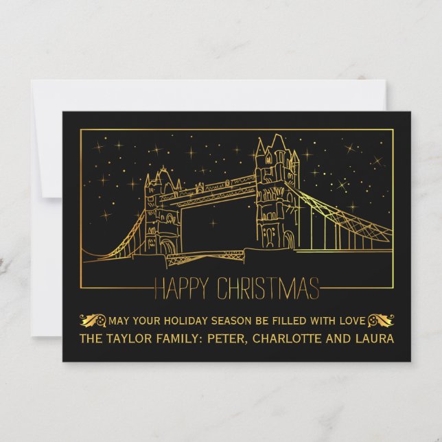 Modern London Tower Bridge “Happy Christmas” gold Holiday Card (Front)