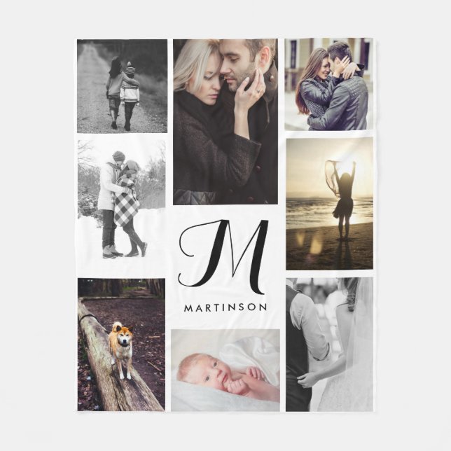 Modern Look Monogram and Photos Black and White Fleece Blanket (Front)