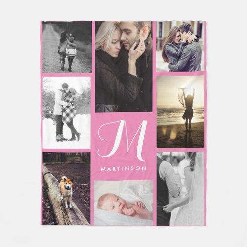 Modern Look Monogram and Photos Pink and White Fleece Blanket