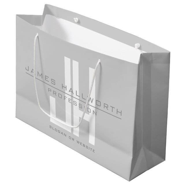 Modern Looking Business Monogram | Grey Large Gift Bag (Front Angled)