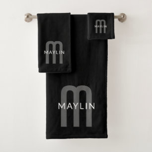 Modern Looking Monogrammed Name Black Grey White Bath Towel Set