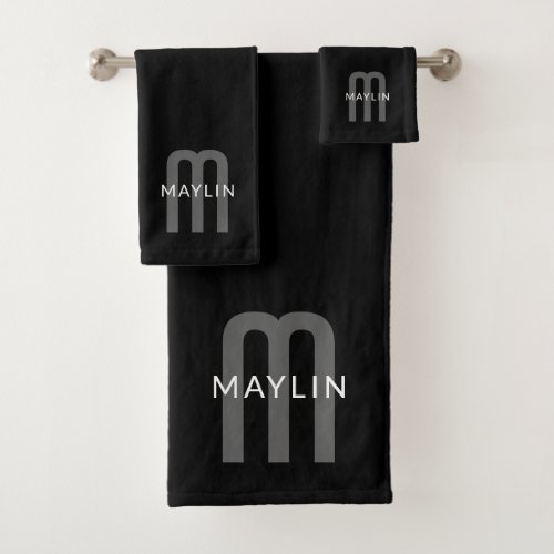 Modern Looking Monogrammed Name  Black Grey White Bath Towel Set