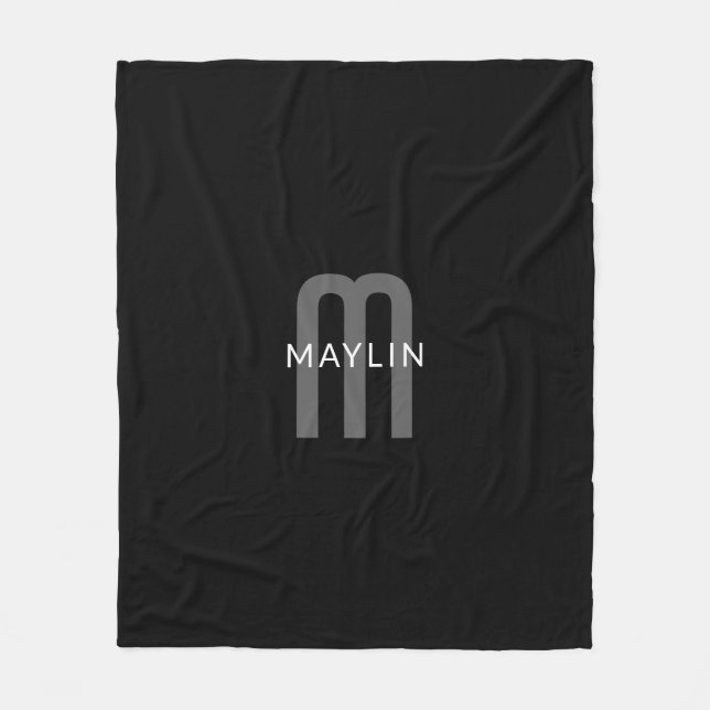 Modern Looking Monogrammed Name | Black Grey White Fleece Blanket (Front)