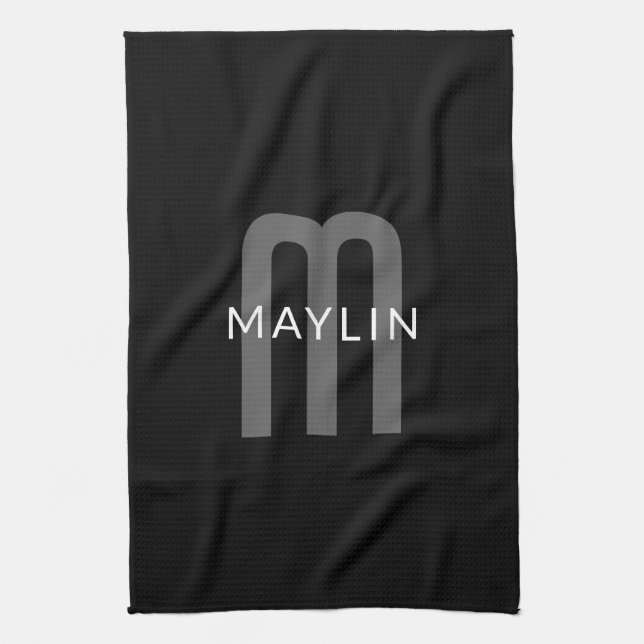Modern Looking Monogrammed Name | Black Grey White Kitchen Towel (Vertical)