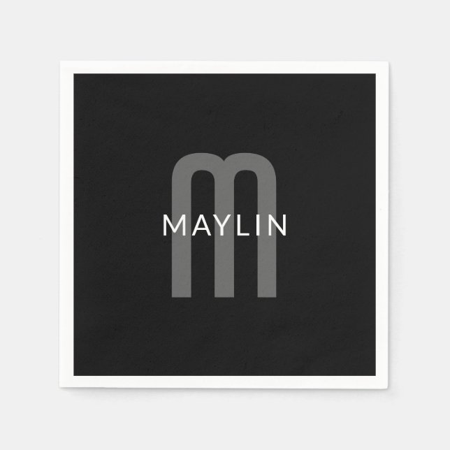 Modern Looking Monogrammed Name | Black Grey White Napkins (Front)