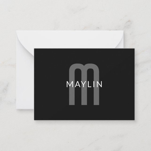 Modern Looking Monogrammed Name | Black Grey White Note Card (Front)