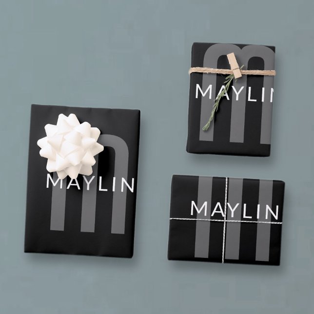 Modern Looking Monogrammed Name | Black Grey White Wrapping Paper Sheets (Creator Uploaded)