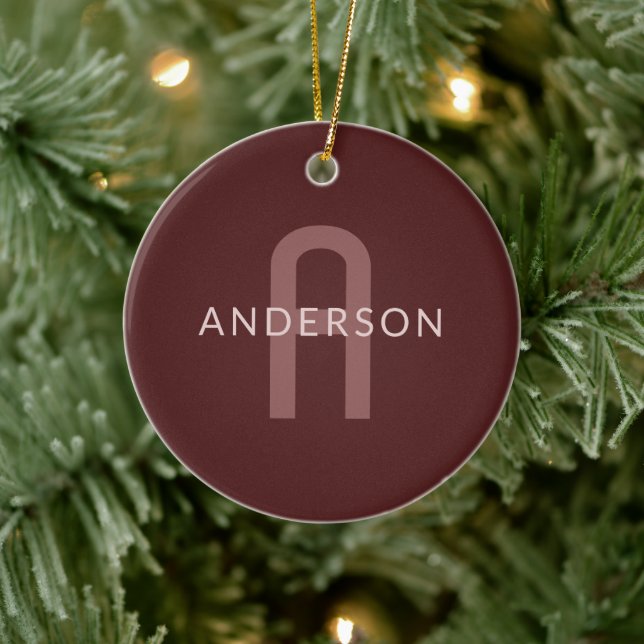 Modern Looking Monogrammed Name | Maroon Red Ceramic Ornament (Tree)