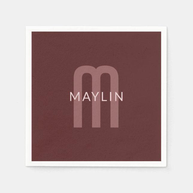 Modern Looking Monogrammed Name | Maroon Red Napkins (Front)