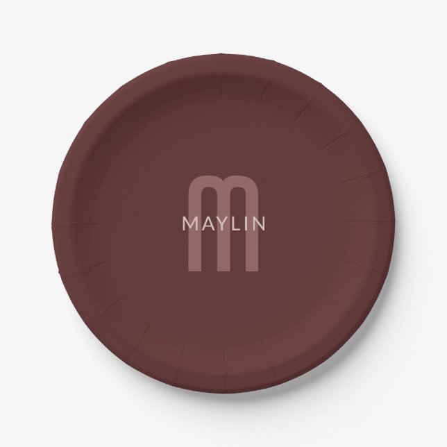 Modern Looking Monogrammed Name | Maroon Red Paper Plates (Front)