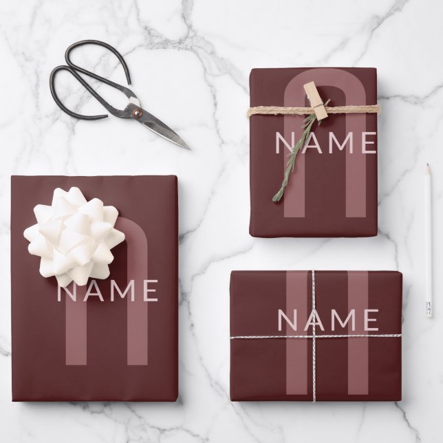 Modern Looking Monogrammed Name | Maroon Red Wrapping Paper Sheets (Front)