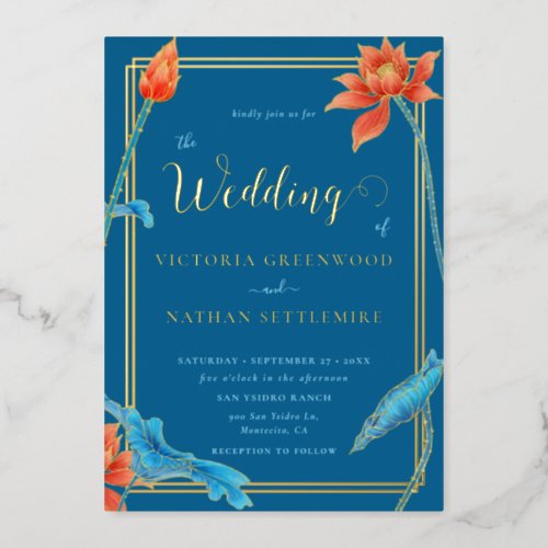 Modern Lotus Flower Orange and Blue Wedding Foil Invitation