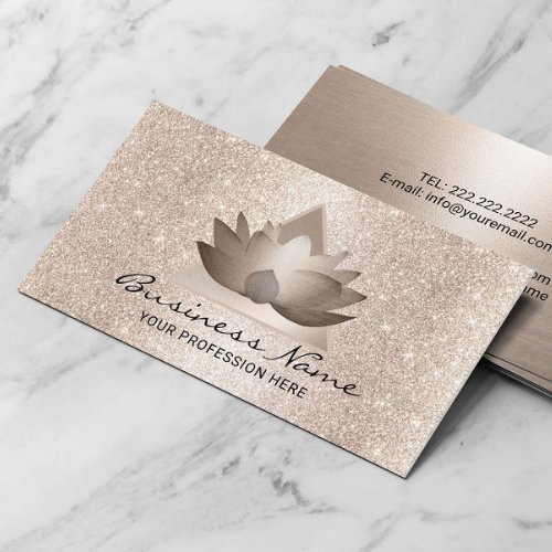 Modern Lotus Logo Elegant Rose Gold Glitter Business Card