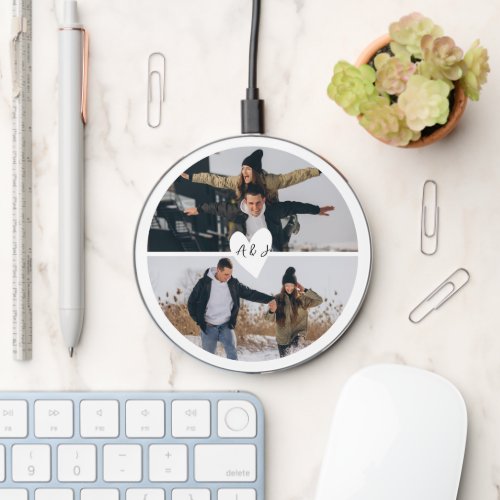Modern love 2 photos circle initials heart white wireless charger 
