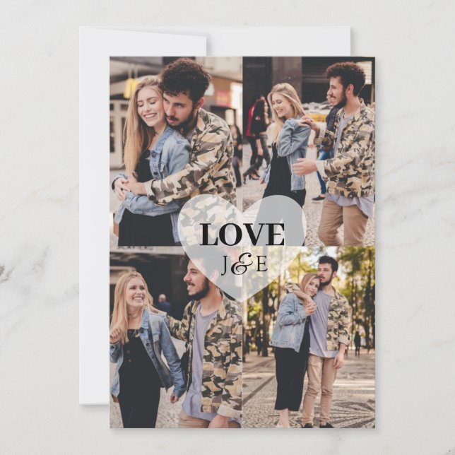 Modern "Love" 4 Custom Photo Couple Monogram Holiday Card (Front)