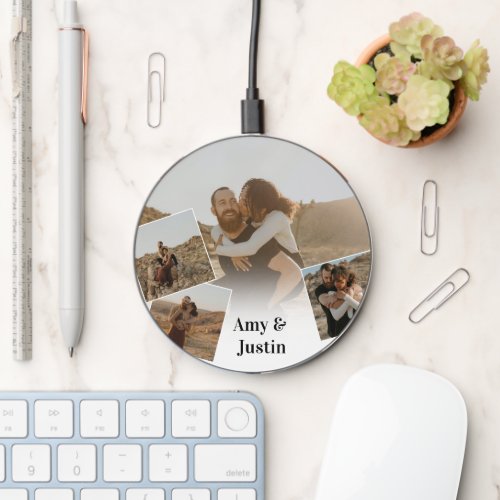 Modern love 4 photo white overlay names wireless charger 