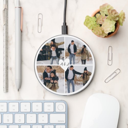 Modern love 4 photos circle initials heart white wireless charger 