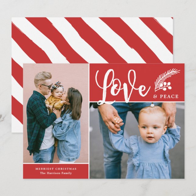 Modern Love and Peace Two Photo Red Holiday Card (Front/Back)
