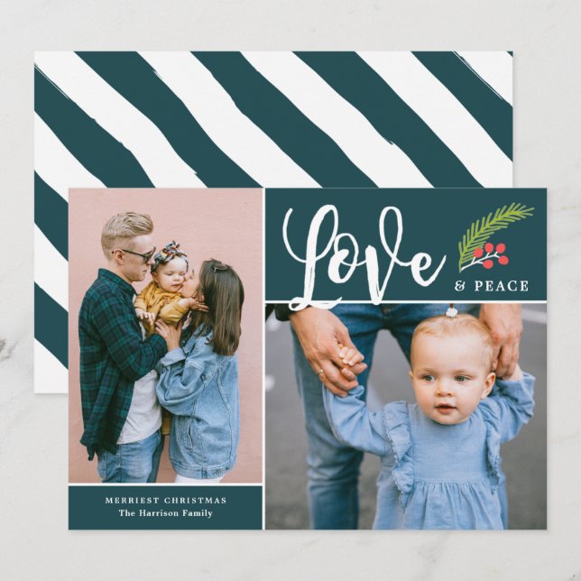 Modern Love and Peace Two Photo Teal Holiday Card (Front/Back)