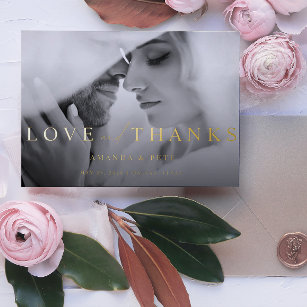 Modern Love and Thanks 2 Photo Wedding Foil Holiday Card