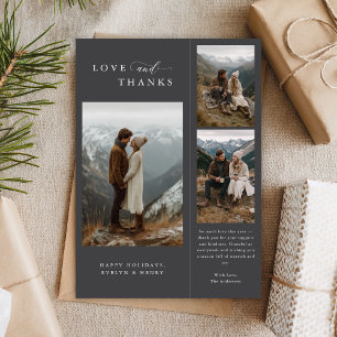 Modern Love and Thanks 3 Photo Newlywed Holiday Card