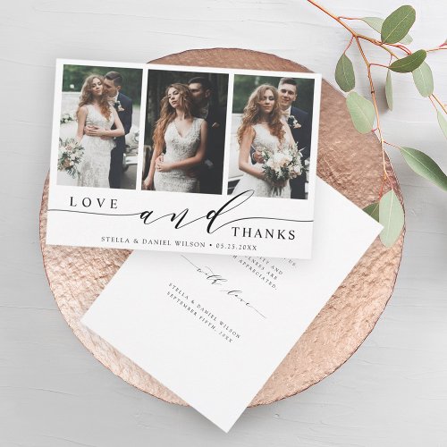 Modern Love and Thanks 3 Photo Wedding Thank You Card